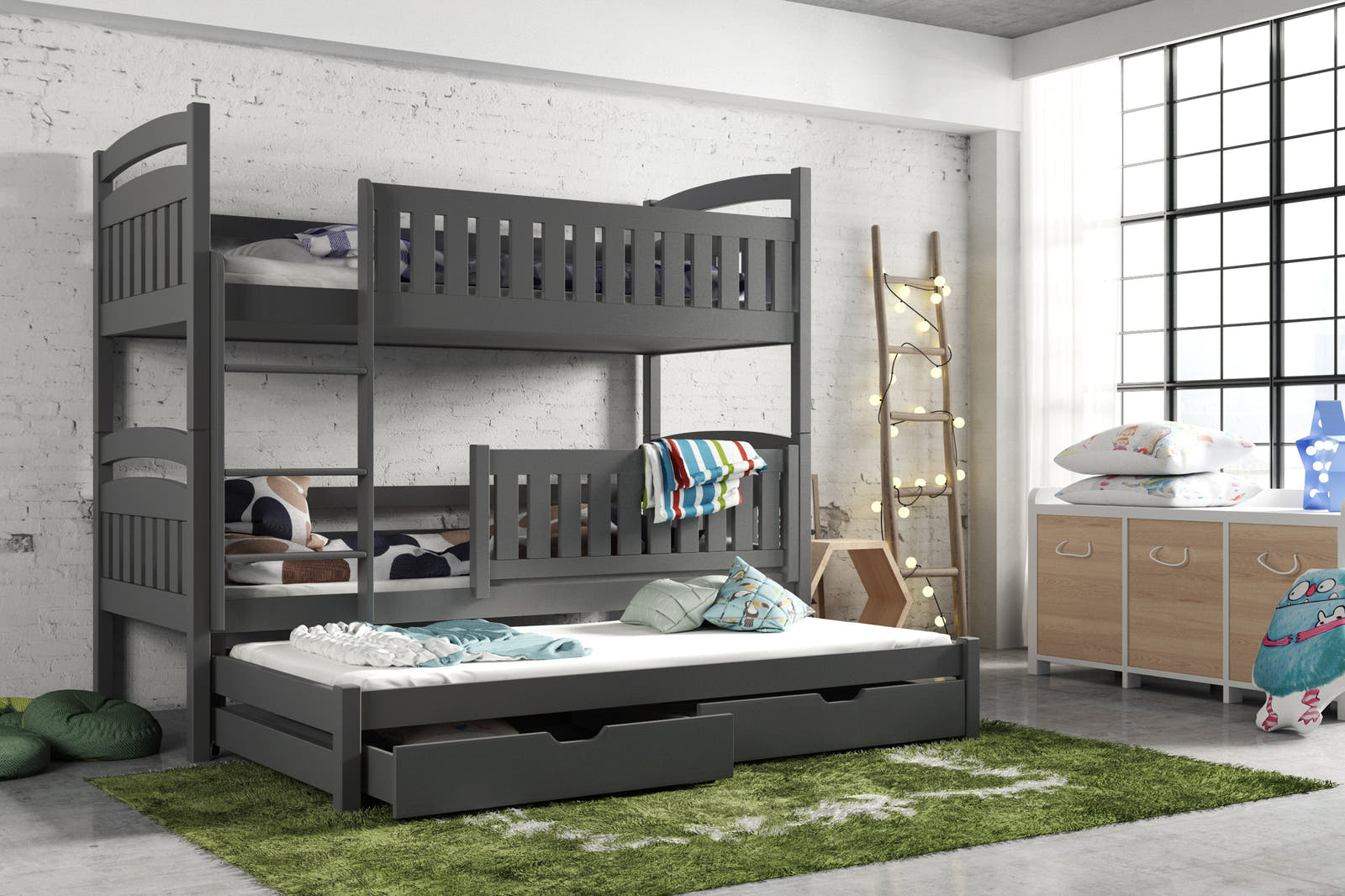 Solid Pine Bunk Bed with Trundle & Storage – Single 3ft | Non-Toxic Paint Triple Sleeper Kids Bed Graphite