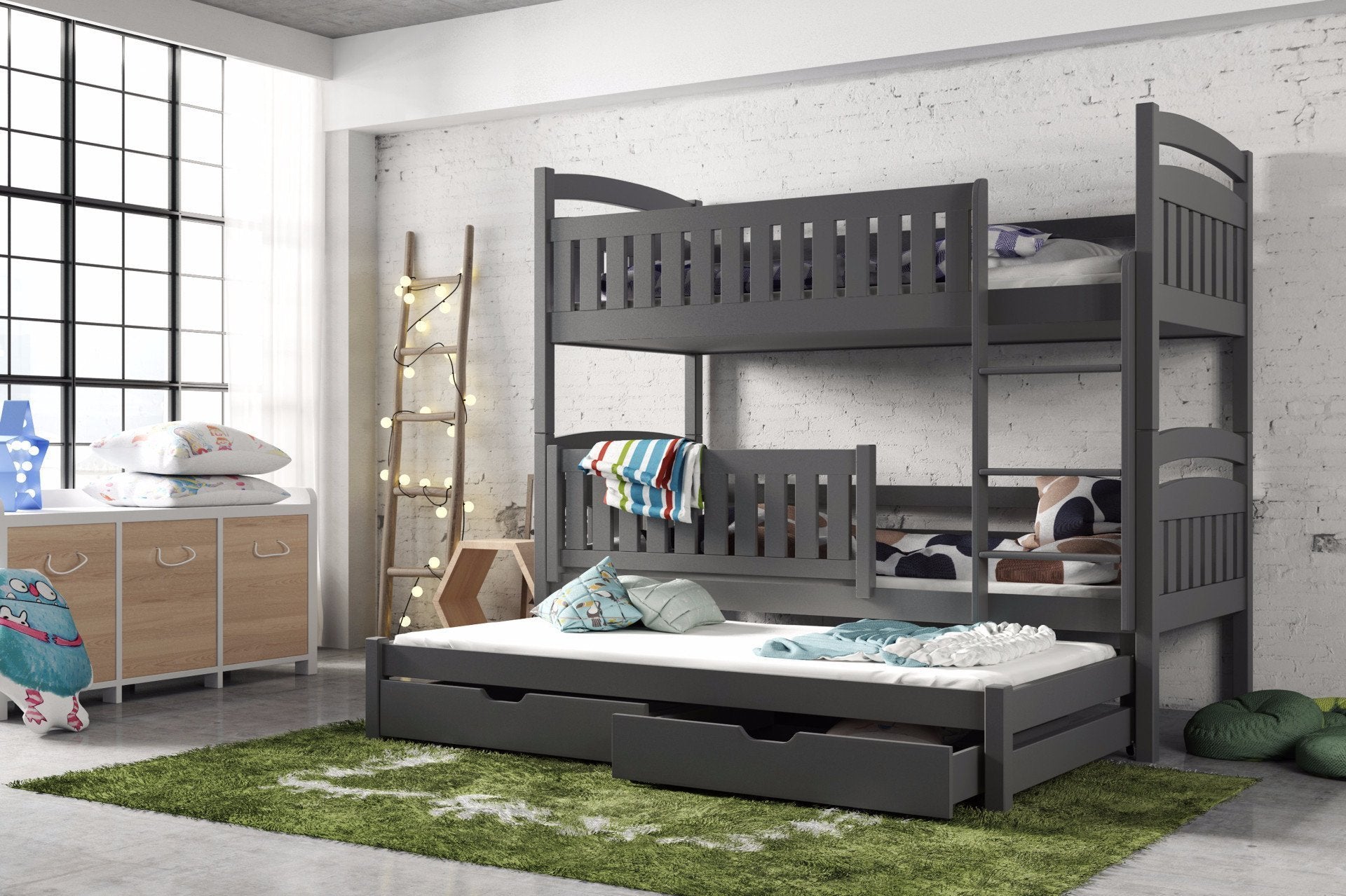 Wooden Bunk Bed Blanka with Trundle and Storage Graphite Bunk Bed 