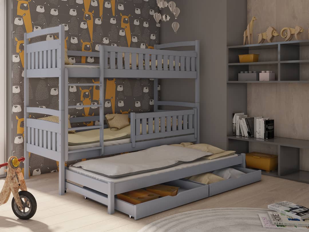 Solid Pine Bunk Bed with Trundle & Storage – Single 3ft | Non-Toxic Paint Triple Sleeper Kids Bed