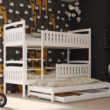 Single (3ft) Solid Pine Bunk Bed with Trundle & Storage White Matt