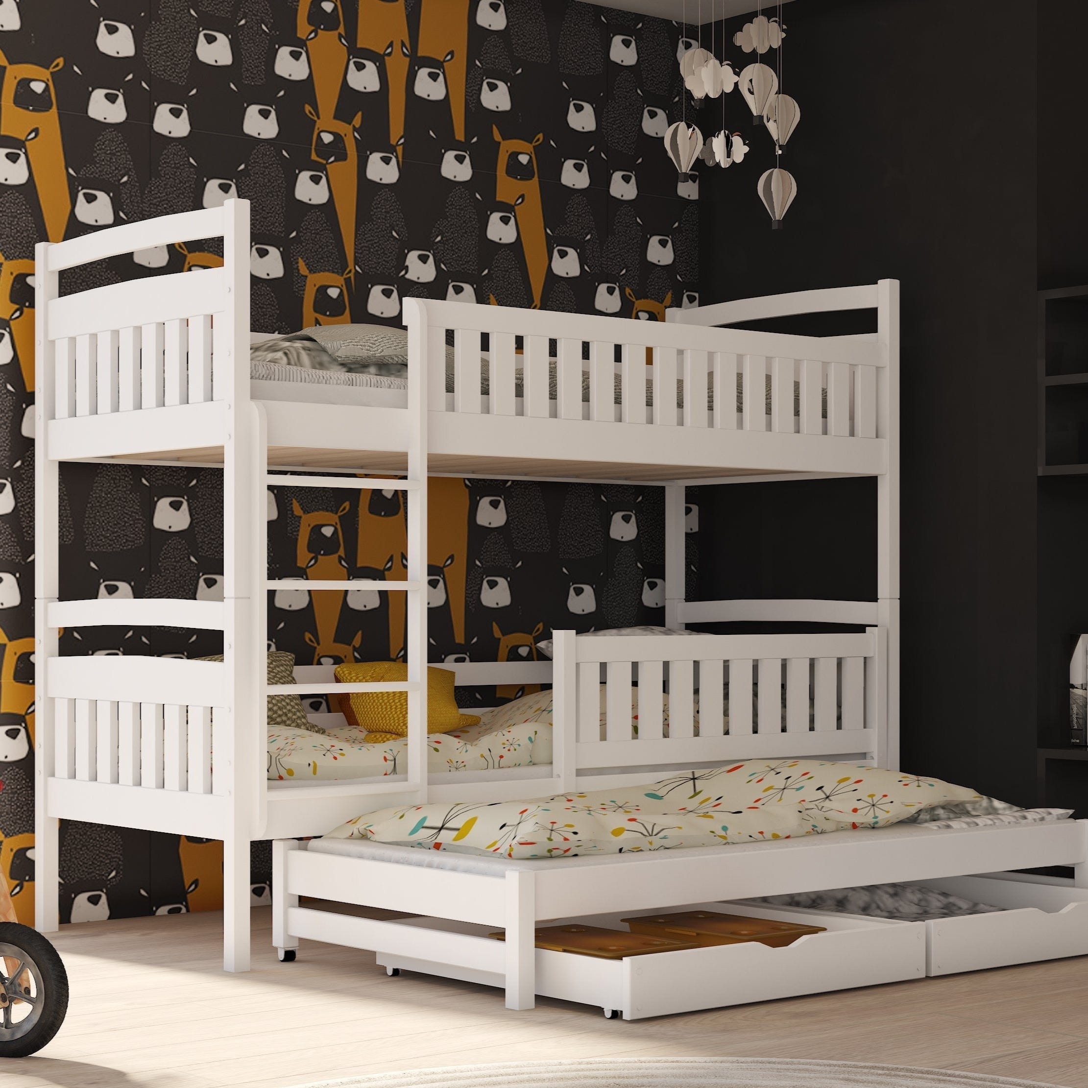 Solid Pine Bunk Bed with Trundle & Storage – Single 3ft | Non-Toxic Paint Triple Sleeper Kids Bed White Matt