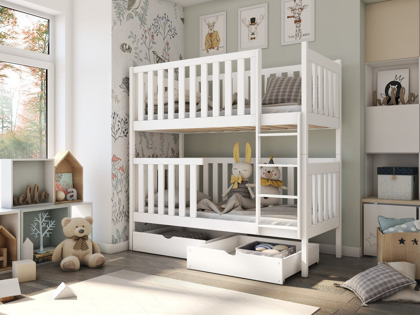 Single (3ft) Solid Pine Bunk Bed with 2 Storage Drawers White Matt Foam Mattresses