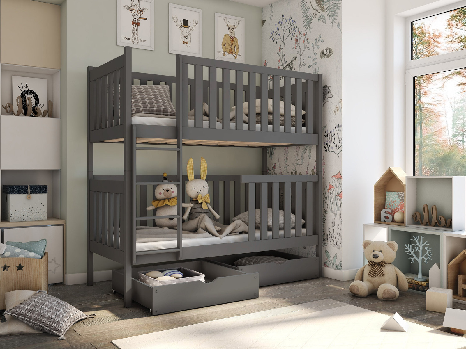 Single (3ft) Solid Pine Bunk Bed with 2 Storage Drawers Graphite Without Mattresses
