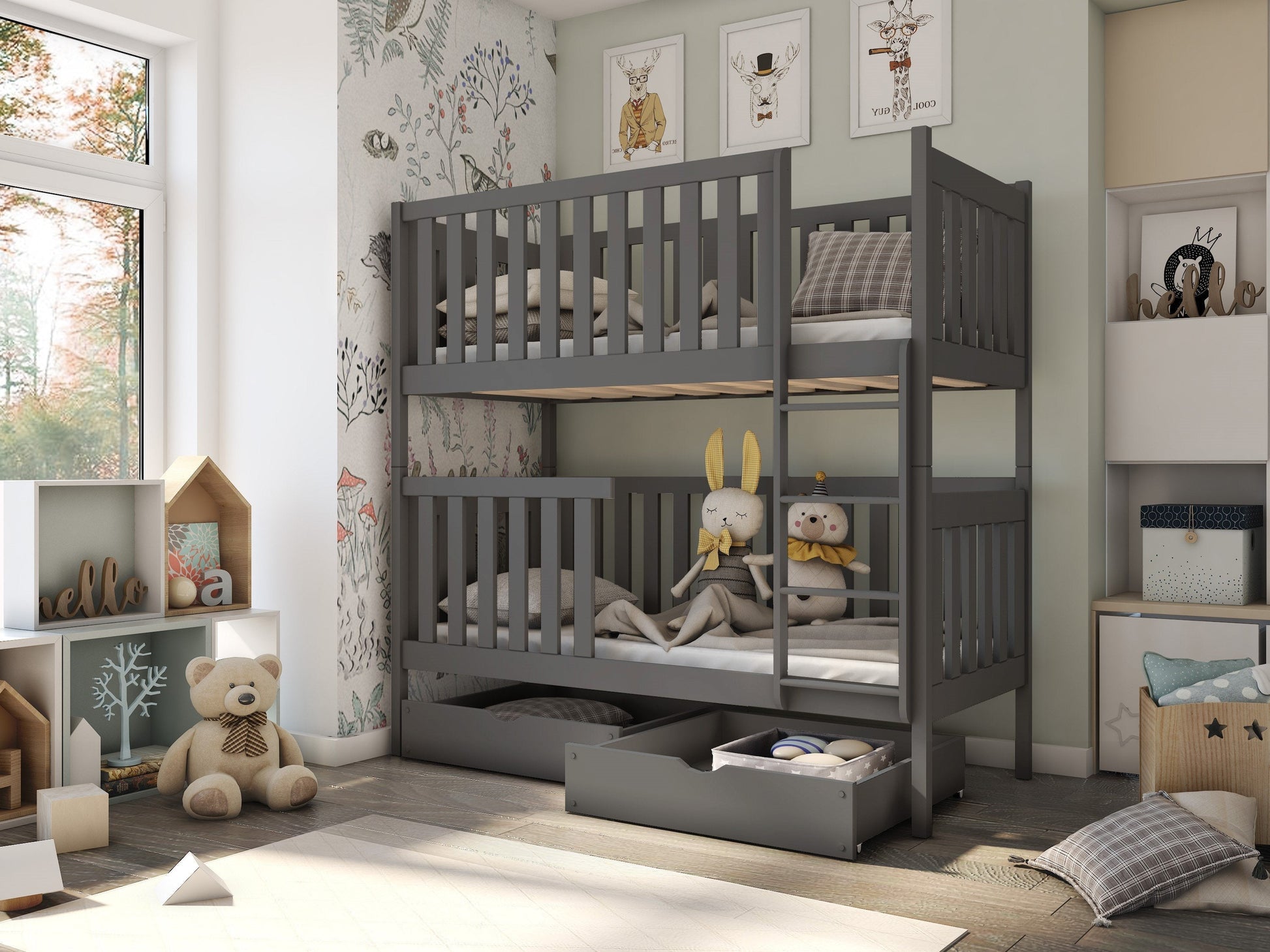 Wooden Bunk Bed David with Storage Graphite Bunk Bed 