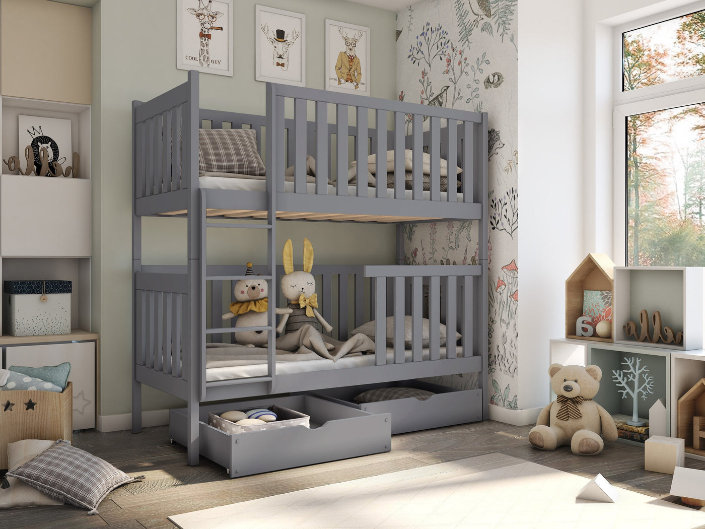 Single (3ft) Solid Pine Bunk Bed with 2 Storage Drawers Grey Matt Without Mattresses