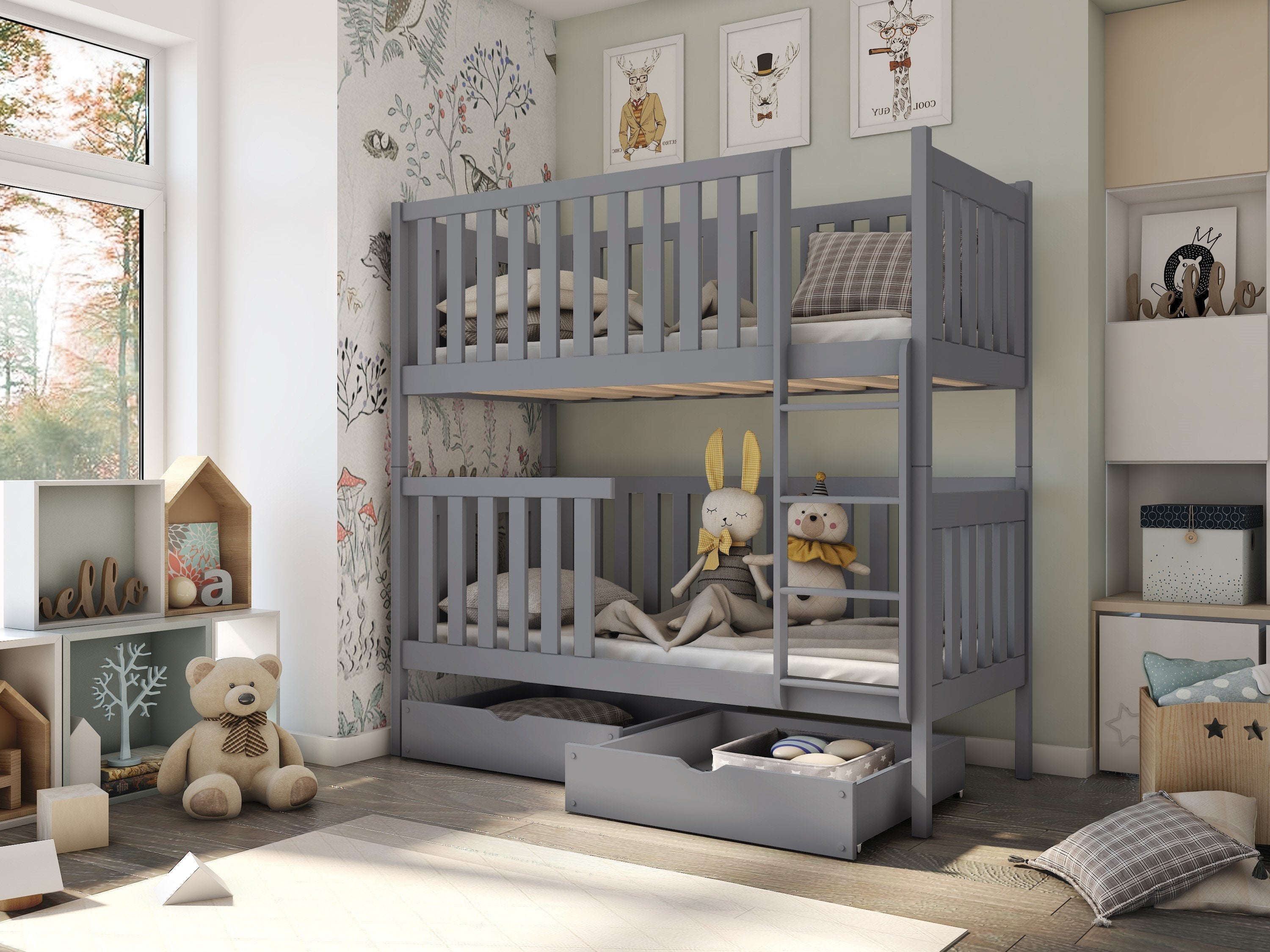 Wooden Bunk Bed David with Storage Grey Matt Bunk Bed 