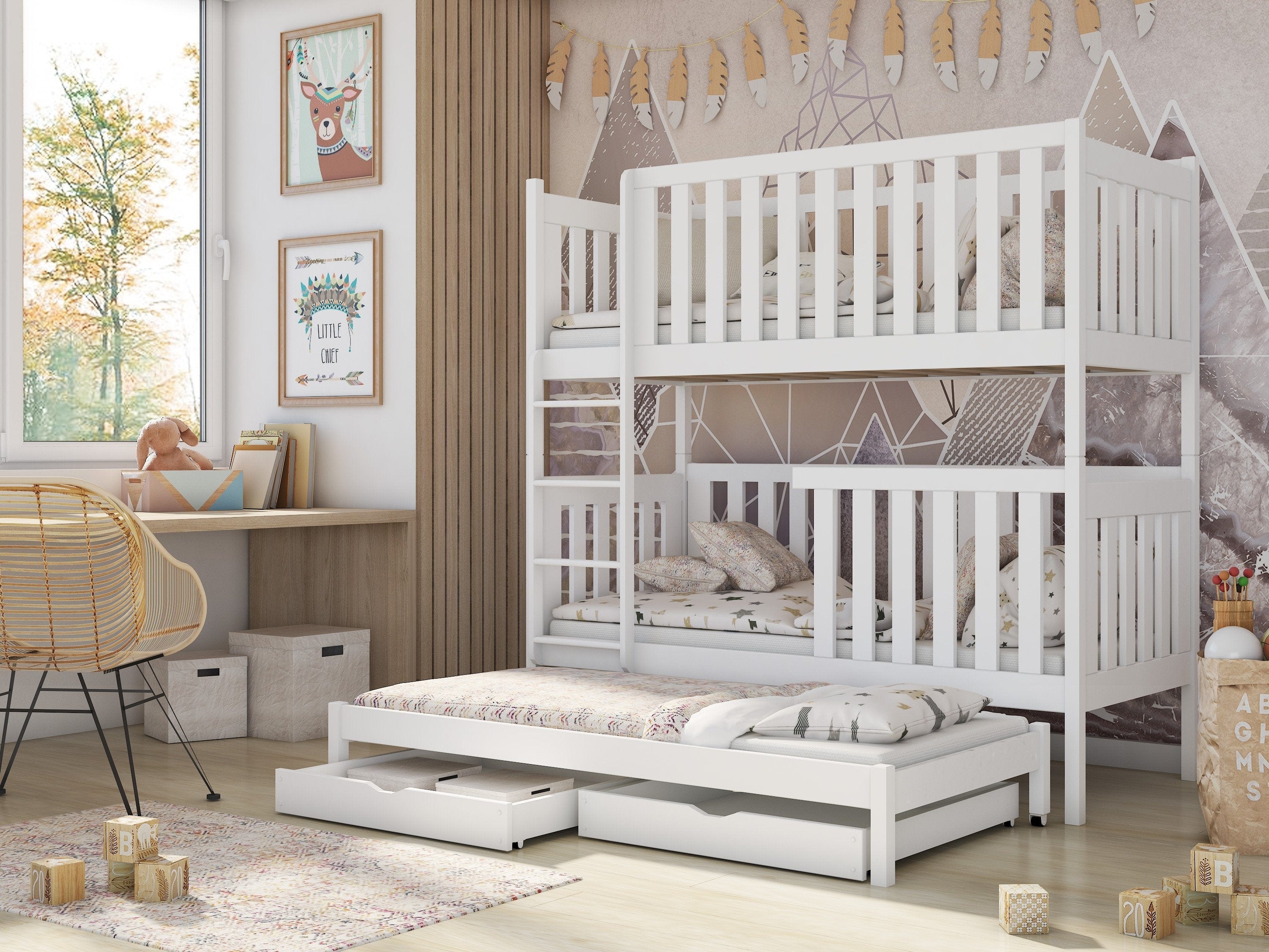 Solid Pine Bunk Bed with Trundle & 2 Storage Drawers – Single 3ft | Triple Sleeper Kids Bed White Matt Foam Mattresses
