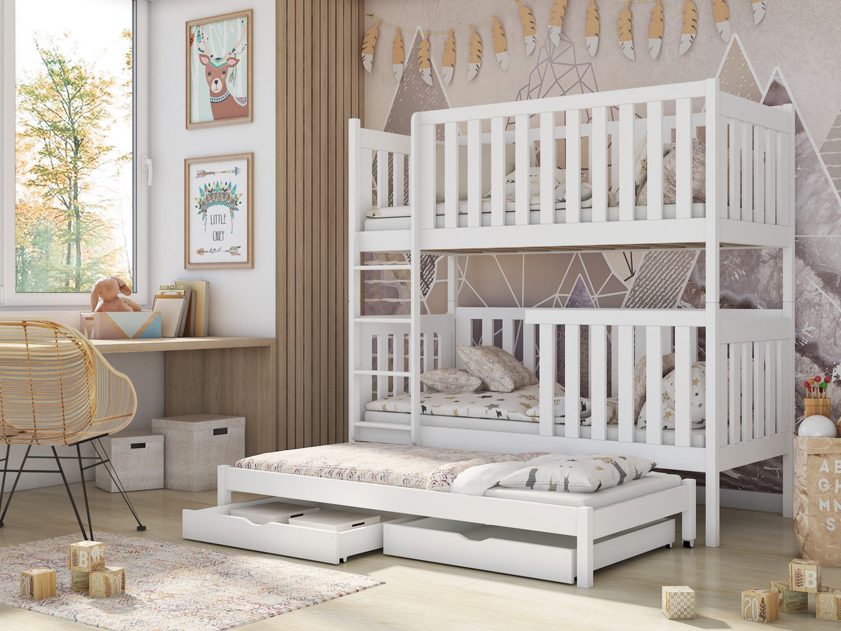 Single (3ft) Solid Pine Bunk Bed with Trundle & 2 Storage Drawers White Matt Foam Mattresses