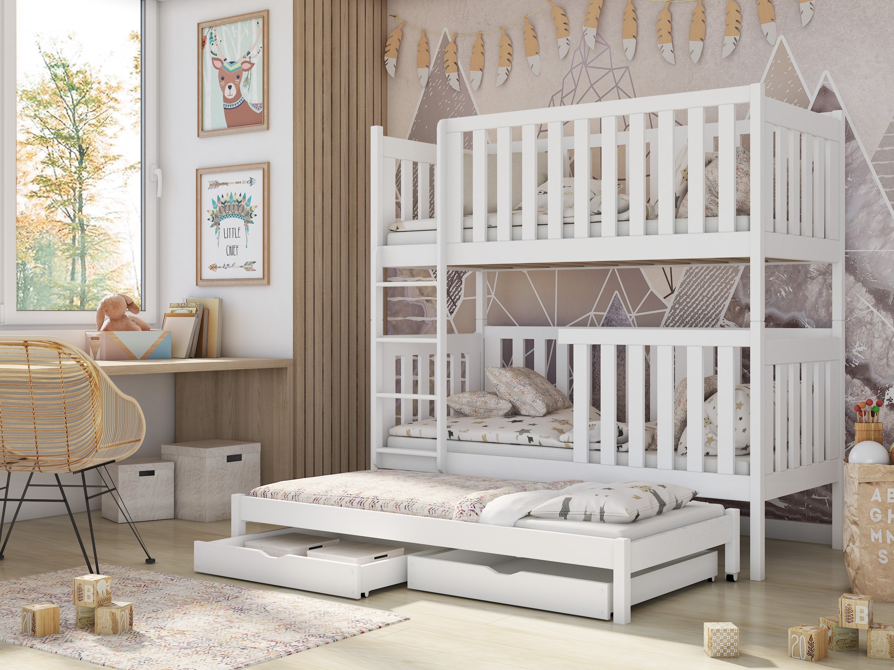 Single (3ft) Solid Pine Bunk Bed with Trundle & 2 Storage Drawers White Matt Foam Mattresses