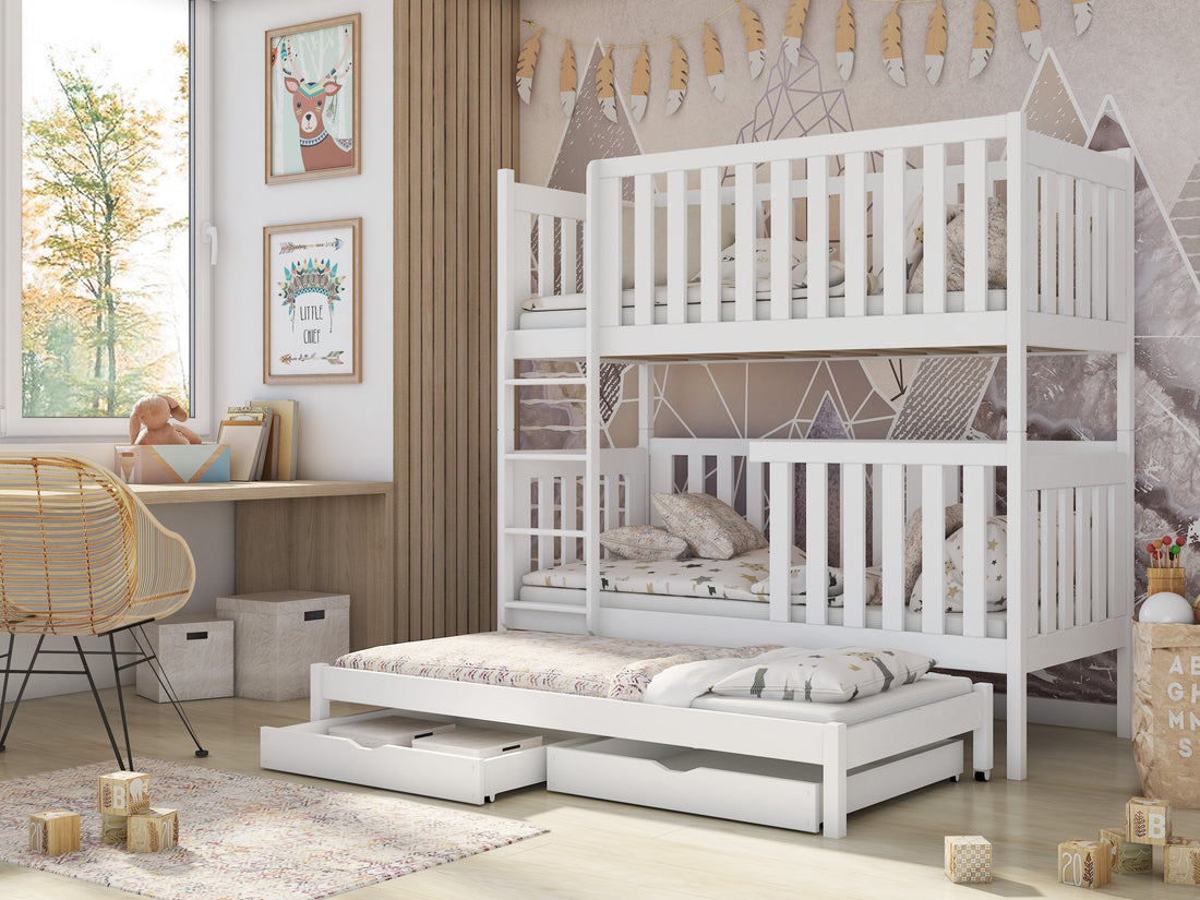 Wooden Bunk Bed Emily with Trundle and Storage White Matt Bunk Bed 