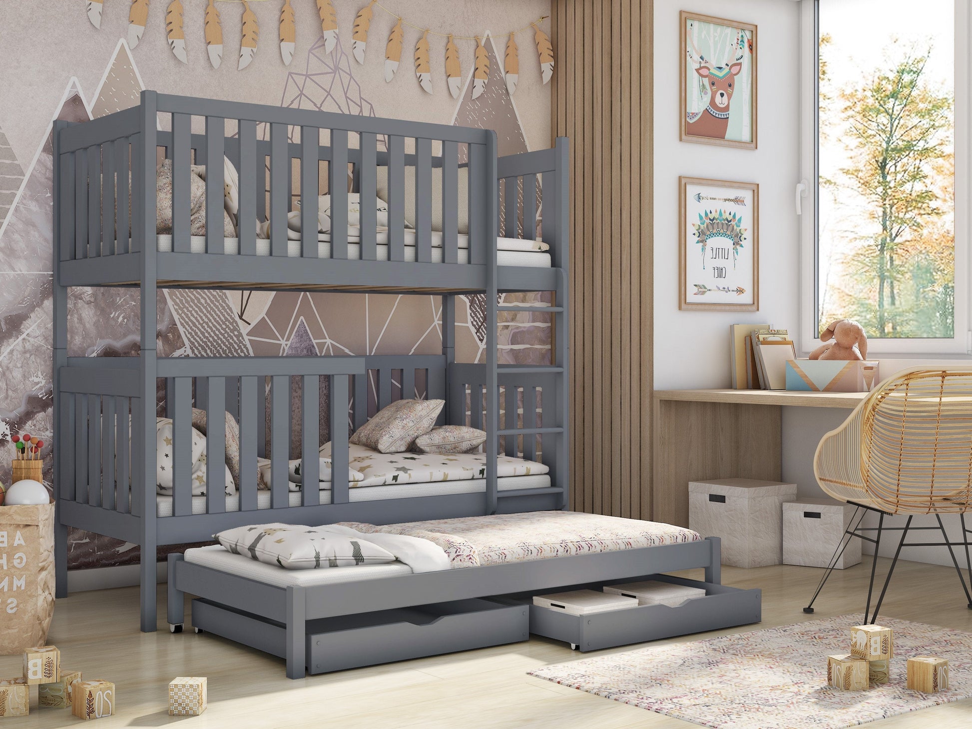 Wooden Bunk Bed Emily with Trundle and Storage Grey Matt Bunk Bed 