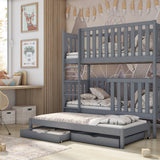Single (3ft) Solid Pine Bunk Bed with Trundle & 2 Storage Drawers Grey Matt Foam Mattresses