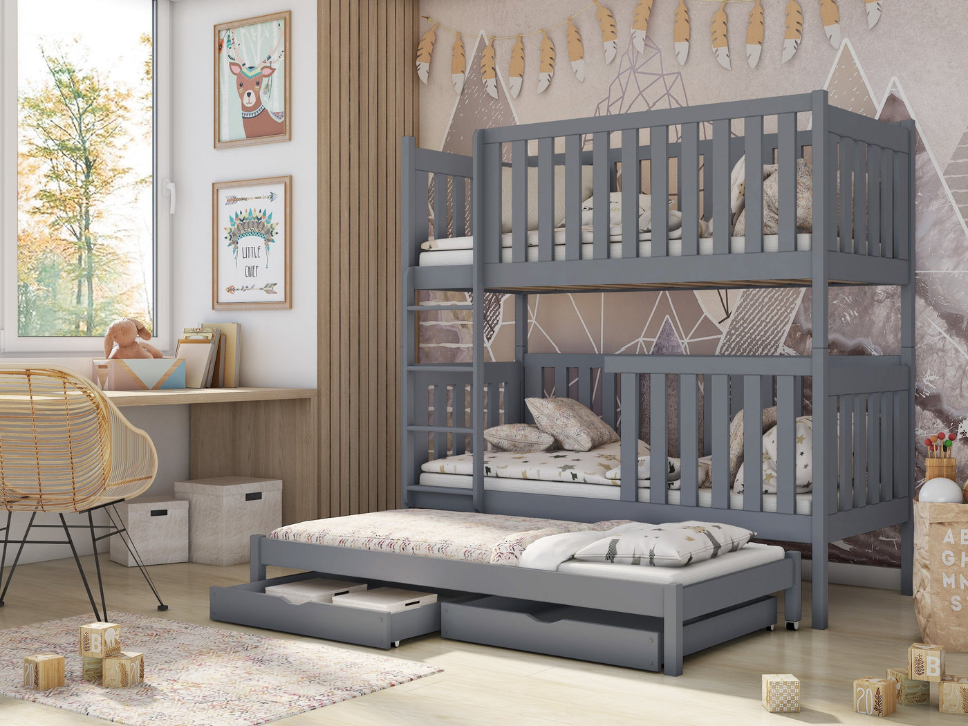 Single (3ft) Solid Pine Bunk Bed with Trundle & 2 Storage Drawers Grey Matt Foam Mattresses