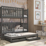 Single (3ft) Solid Pine Bunk Bed with Trundle & 2 Storage Drawers Graphite