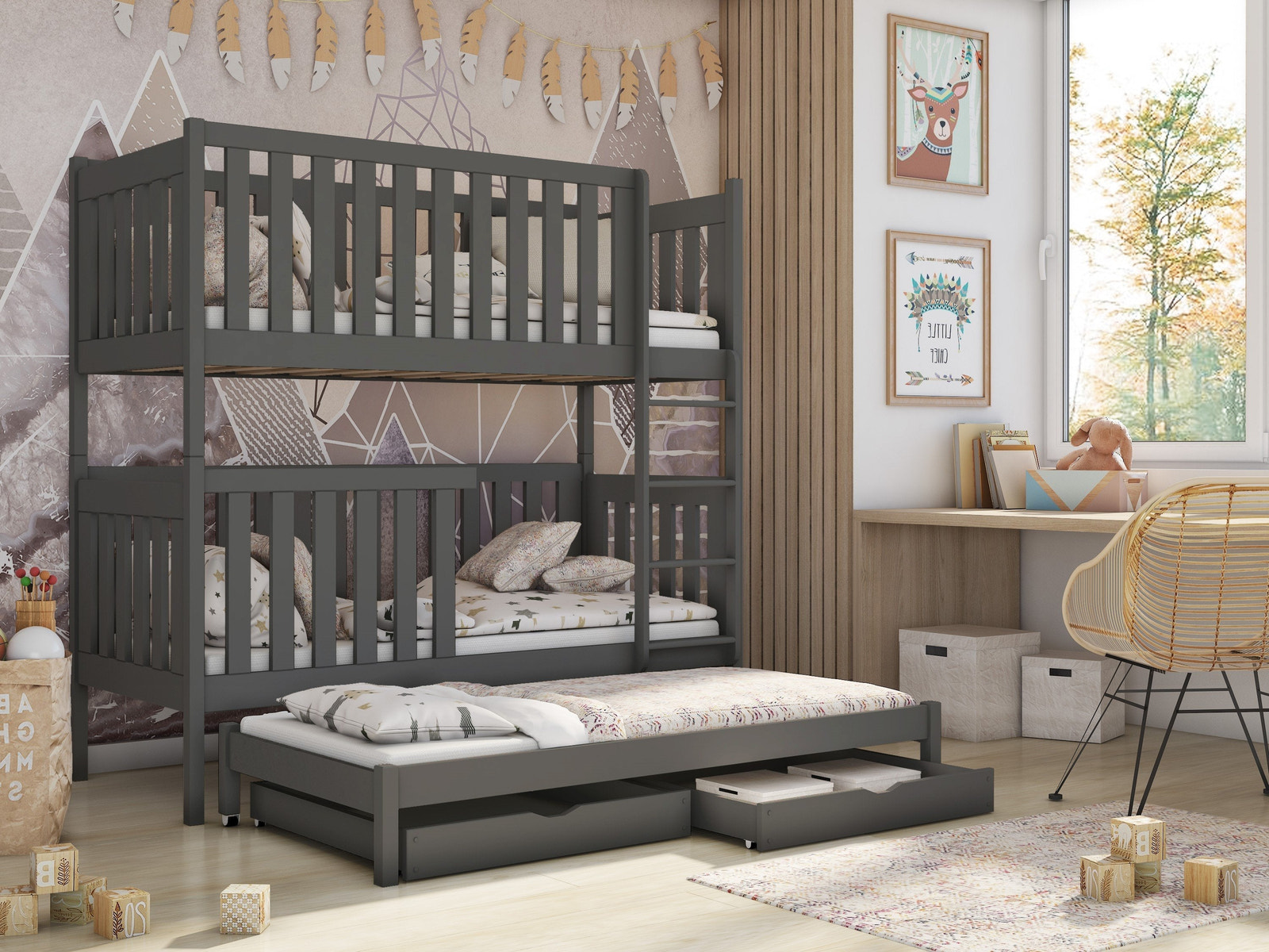 Single (3ft) Solid Pine Bunk Bed with Trundle & 2 Storage Drawers Graphite