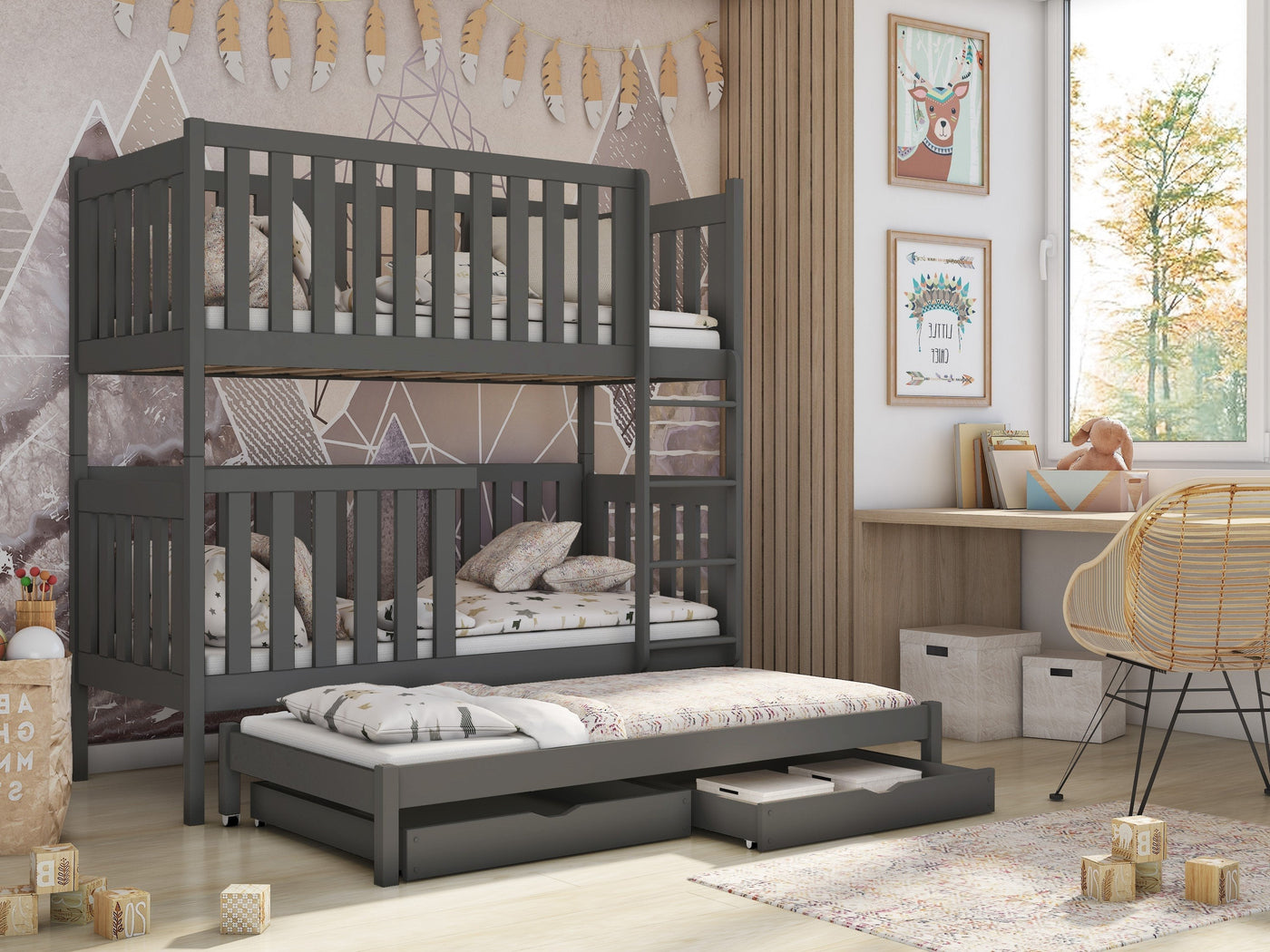 Single (3ft) Solid Pine Bunk Bed with Trundle & 2 Storage Drawers Graphite