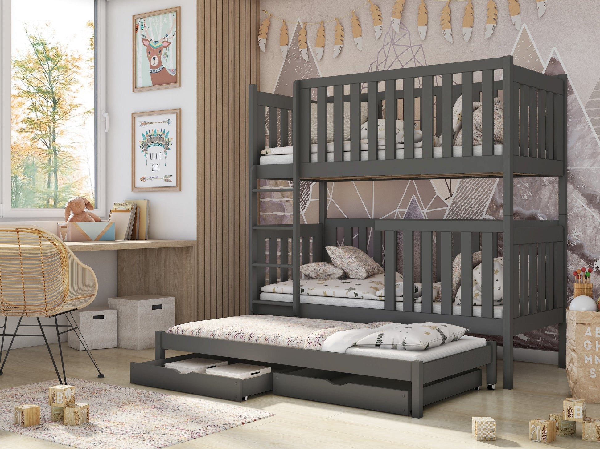 Wooden Bunk Bed Emily with Trundle and Storage Graphite Bunk Bed 