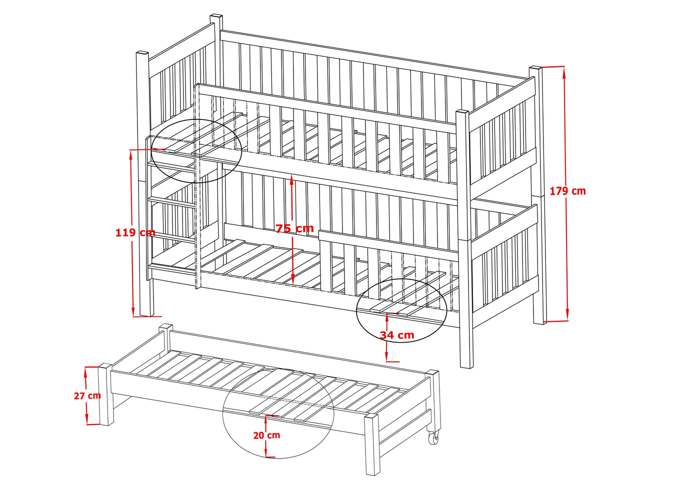 Single (3ft) Solid Pine Bunk Bed with Trundle & 2 Storage Drawers