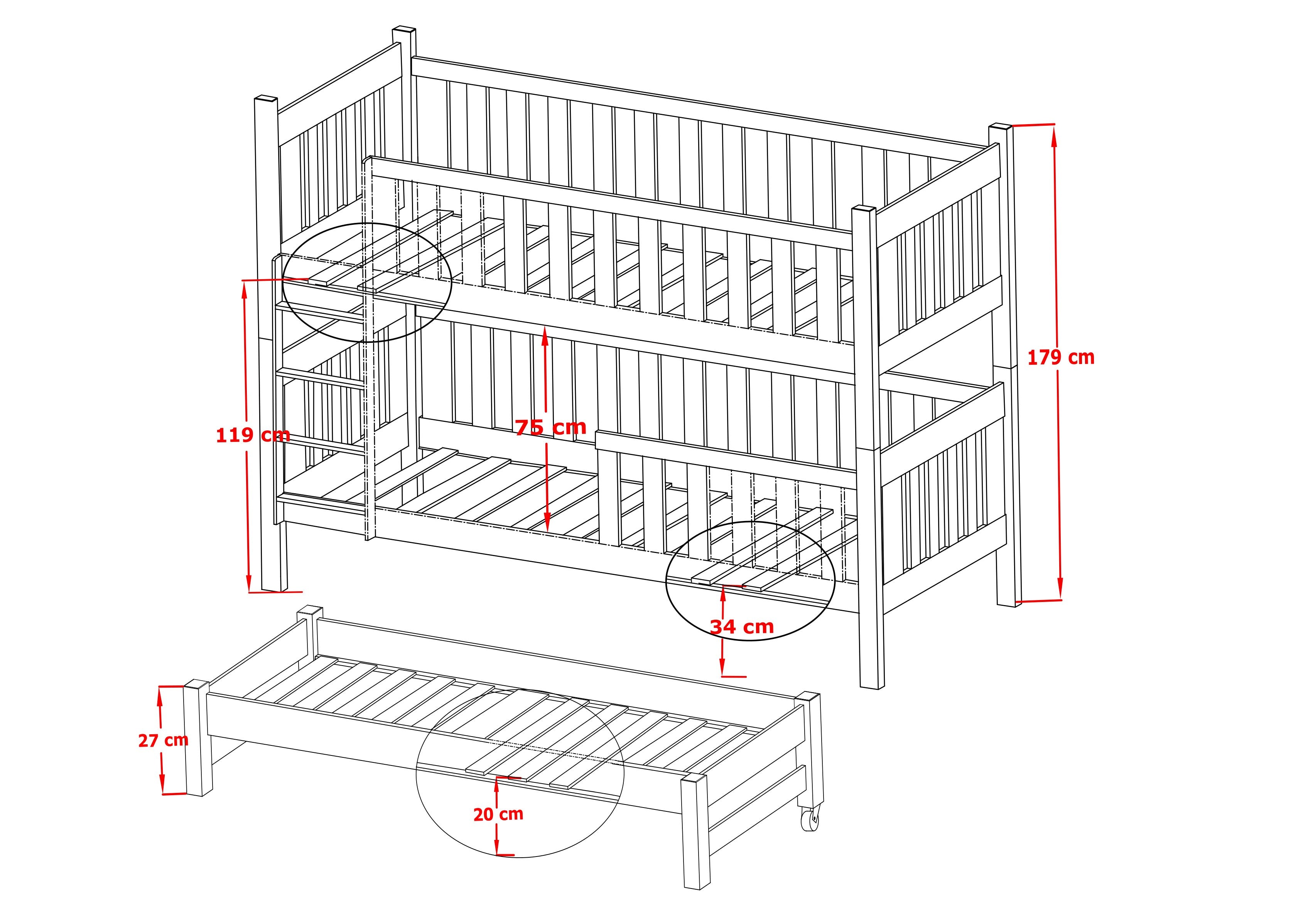 Wooden Bunk Bed Emily with Trundle and Storage-Bunk Bed