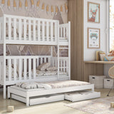 Single (3ft) Solid Pine Bunk Bed with Trundle & 2 Storage Drawers White Matt