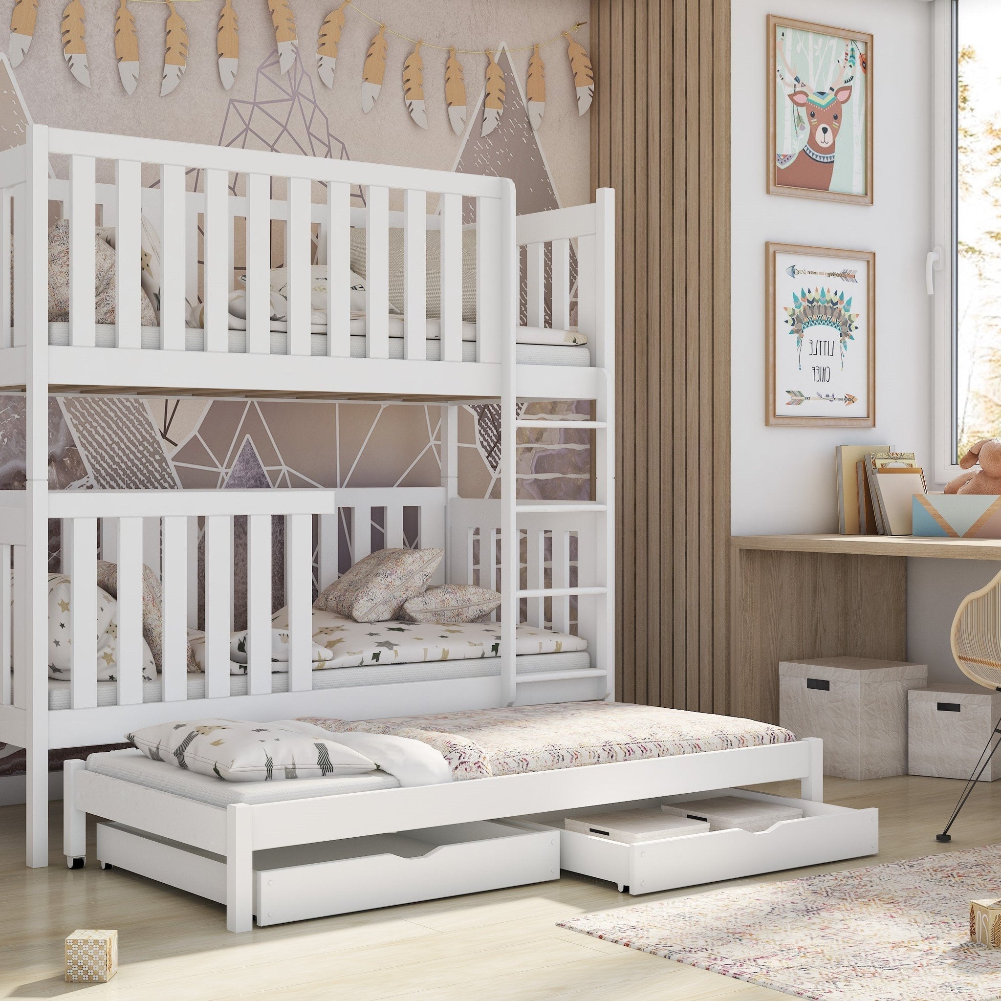 Wooden Bunk Bed Emily with Trundle and Storage White Matt Bunk Bed 