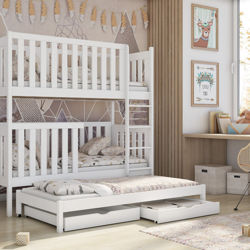 Emily Single (3ft) Solid Pine Bunk Bed with Trundle & 2 Storage Drawers