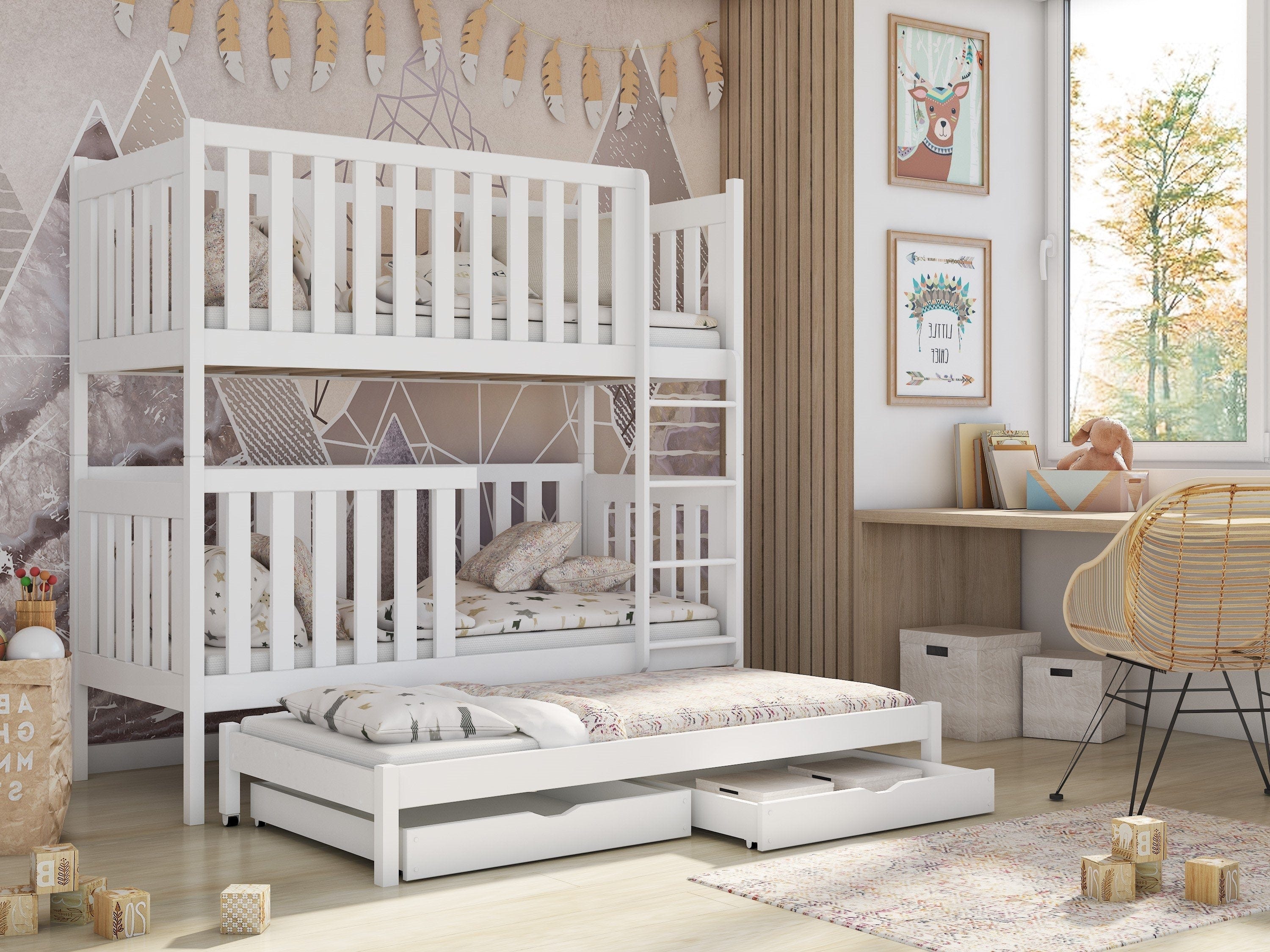 Solid Pine Bunk Bed with Trundle & 2 Storage Drawers – Single 3ft | Triple Sleeper Kids Bed White Matt