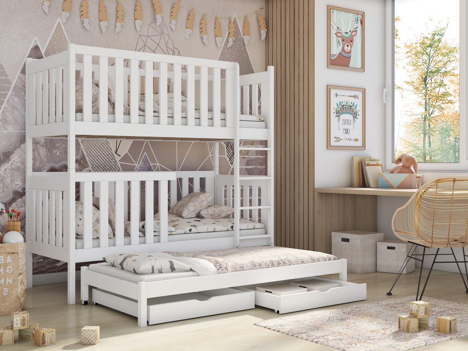 Single (3ft) Solid Pine Bunk Bed with Trundle & 2 Storage Drawers White Matt