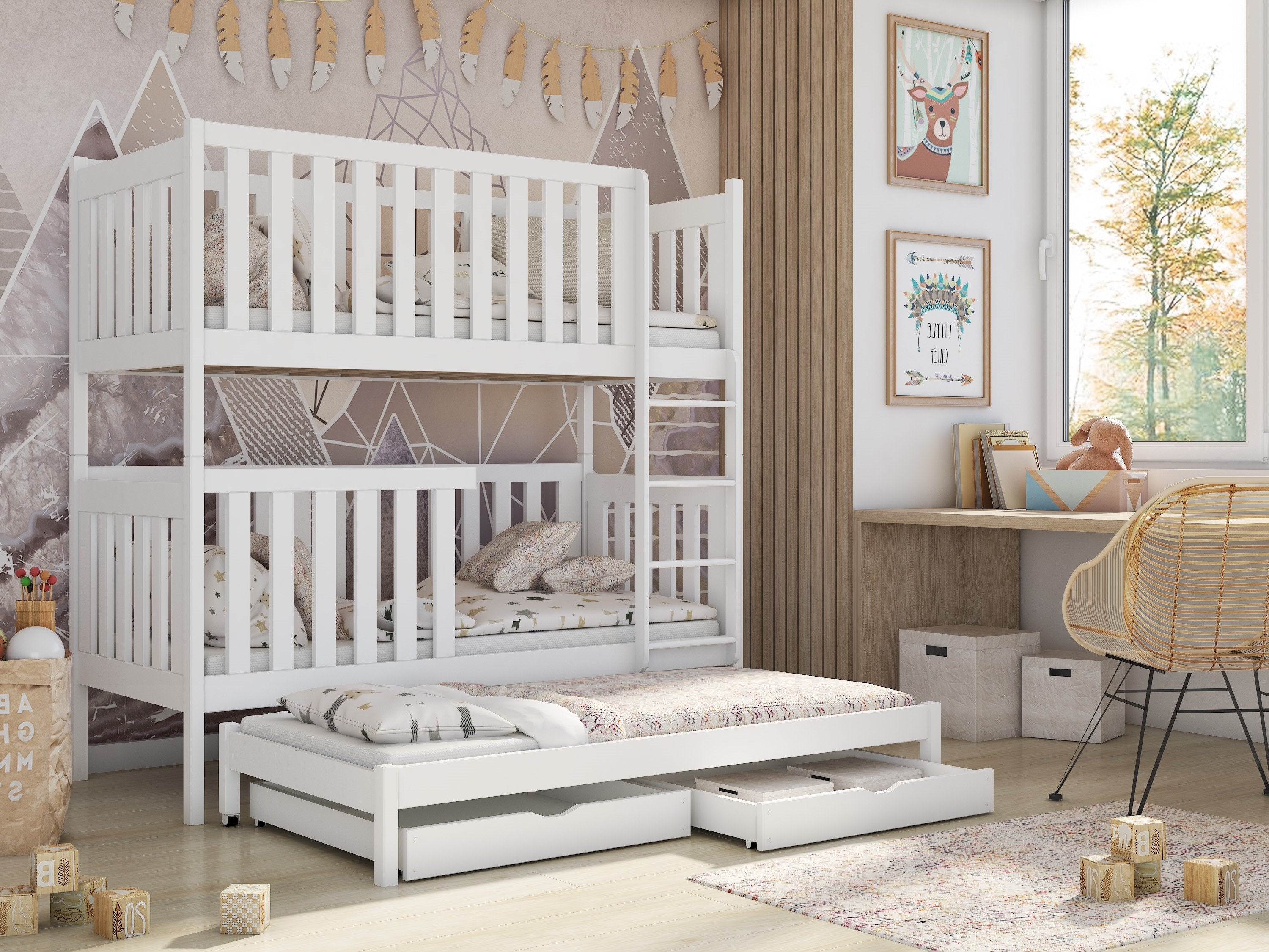 Single (3ft) Solid Pine Bunk Bed with Trundle & 2 Storage Drawers White Matt