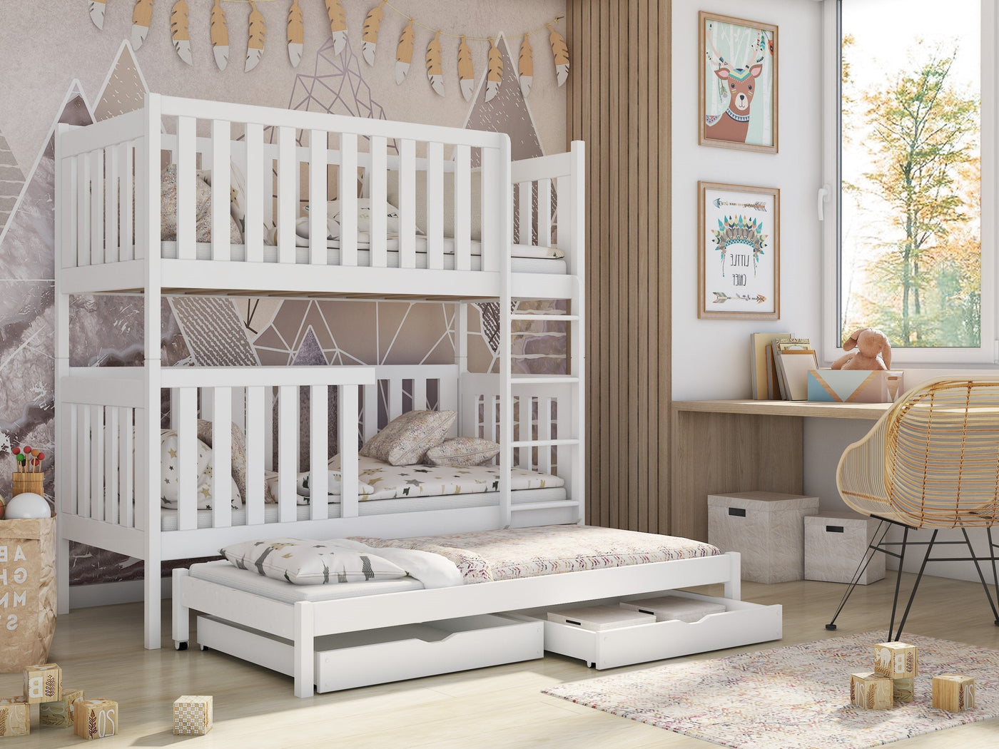 Single (3ft) Solid Pine Bunk Bed with Trundle & 2 Storage Drawers White Matt