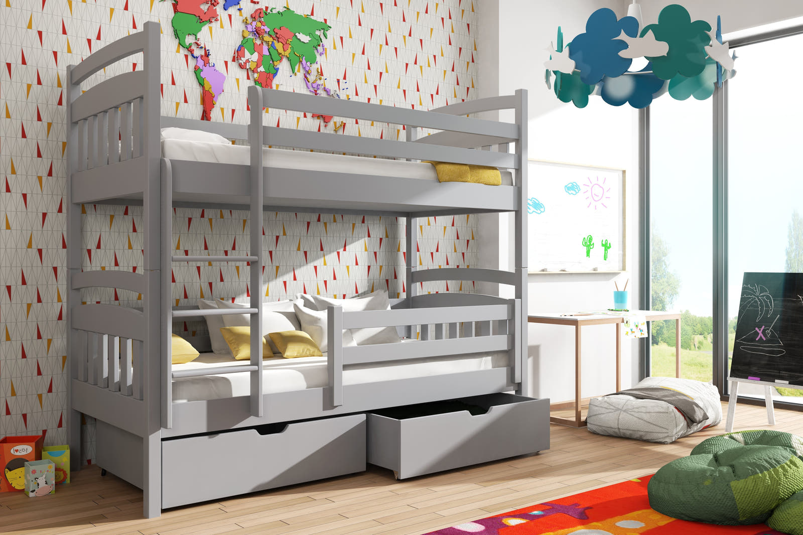 Solid Pine Bunk Bed with Under Bed Storage – Single 3ft | Kids No-Wobble Frame with Safety Guards Grey Matt