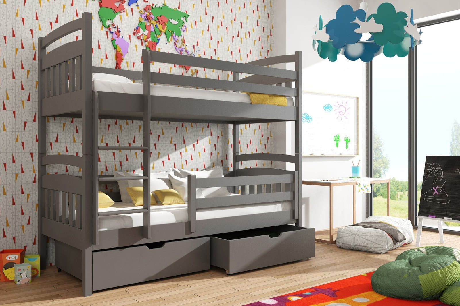 Solid Pine Bunk Bed with Under Bed Storage – Single 3ft | Kids No-Wobble Frame with Safety Guards Graphite