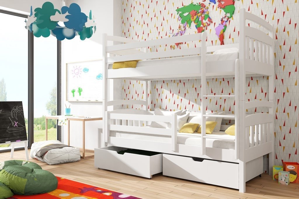 Single (3ft) Solid Pine Bunk Bed with Under Bed Storage White Matt Foam Mattresses