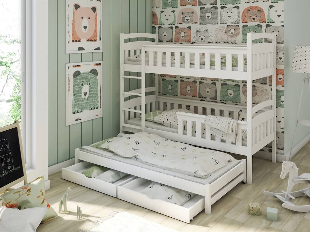 Wooden Bunk Bed Harriet with Trundle and Storage White Matt Bunk Bed 