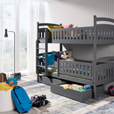 Single (3ft) Solid Pine Bunk Bed with 2 Storage Drawers Grey Matt Right Without Mattresses