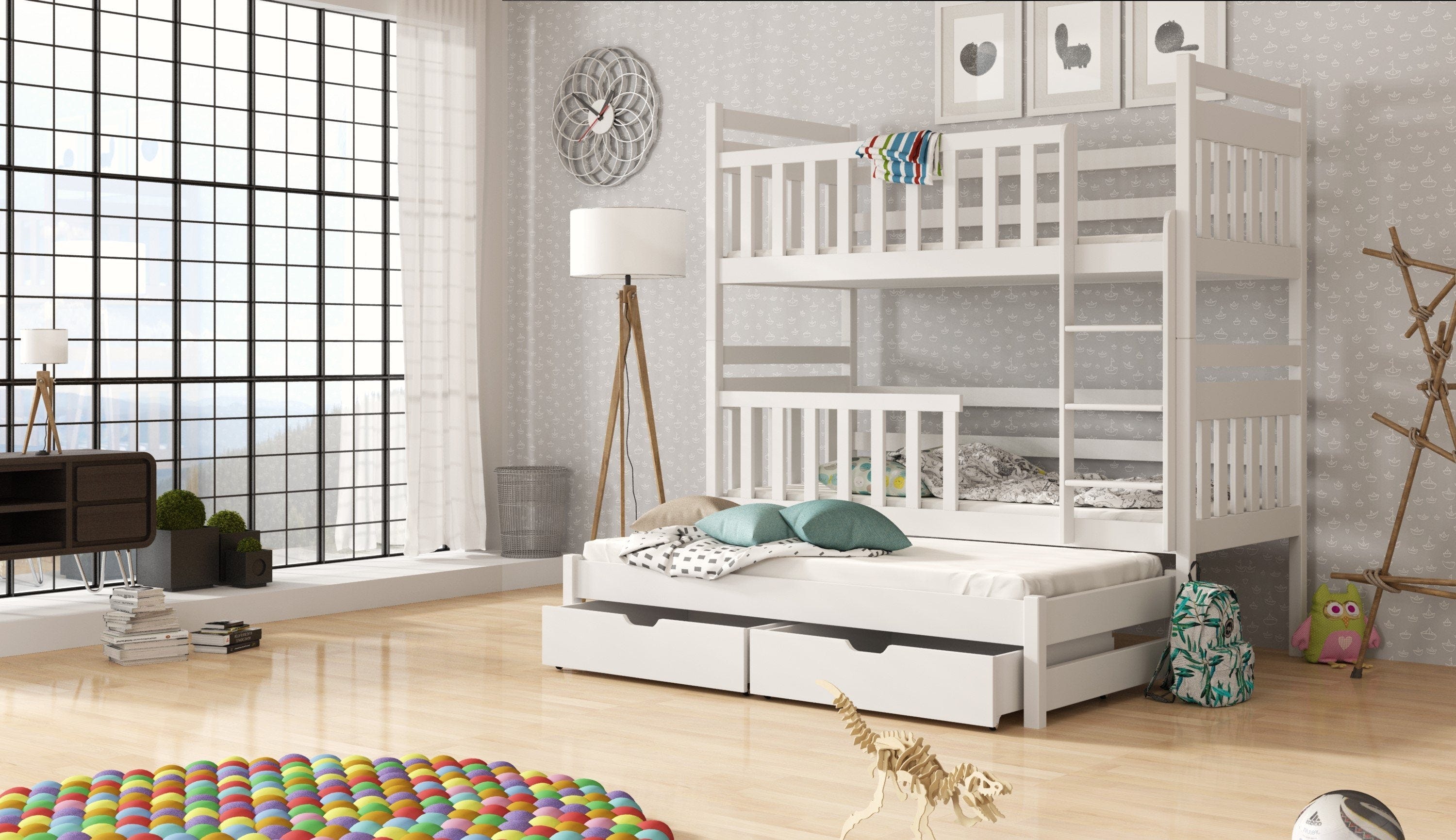 Solid Pine Bunk Bed with Trundle & Storage – Single 3ft | Triple Sleeper Kids Bed with Full Guard Rails White Matt Foam Mattresses