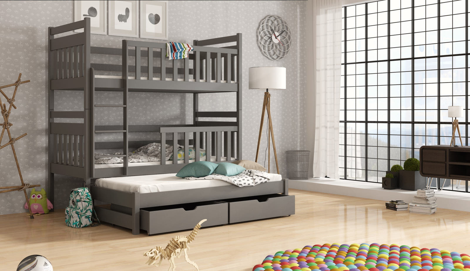 Solid Pine Bunk Bed with Trundle & Storage – Single 3ft | Triple Sleeper Kids Bed with Full Guard Rails Graphite