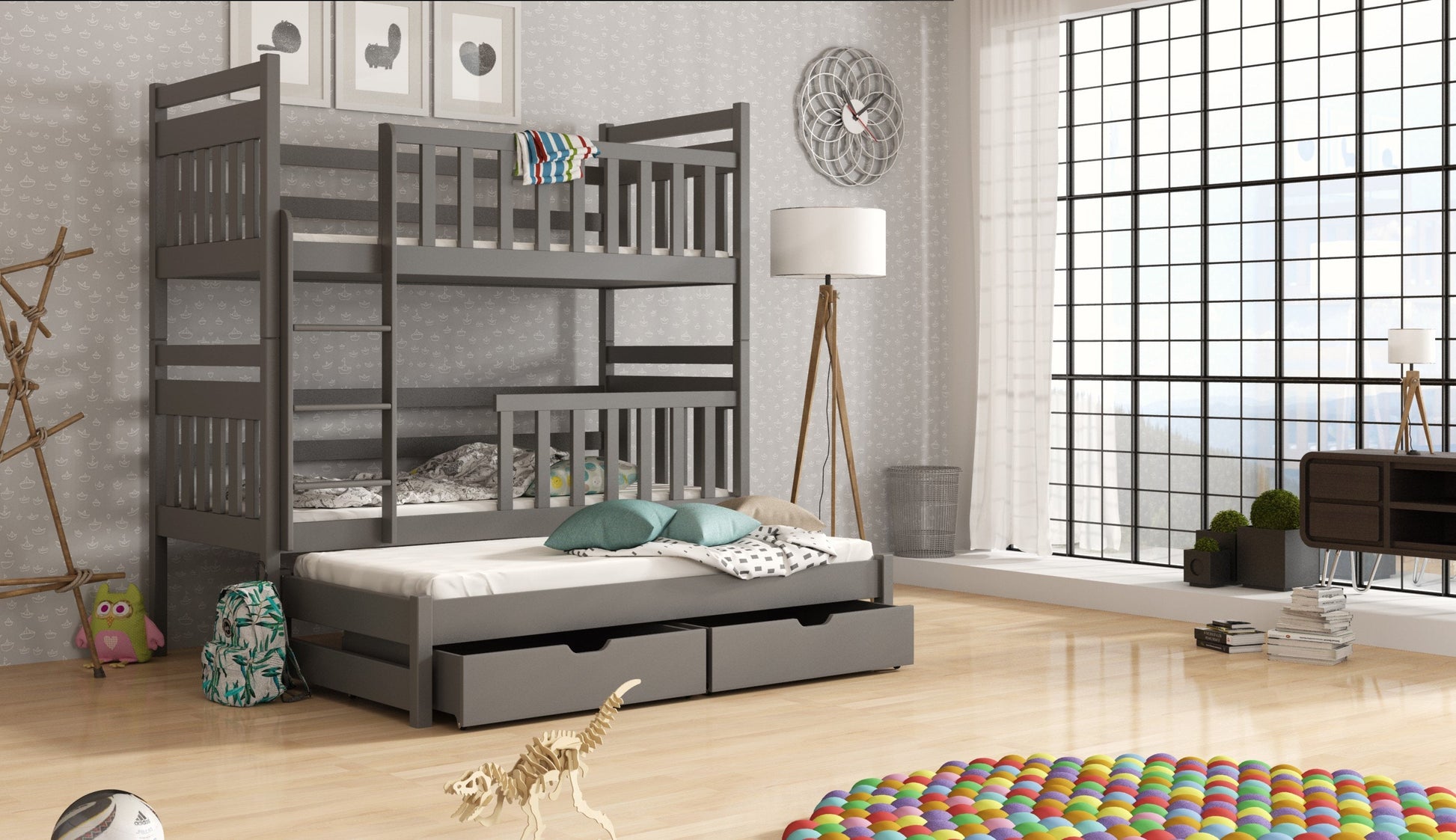 Wooden Bunk Bed Klara with Trundle and Storage Graphite Bunk Bed 