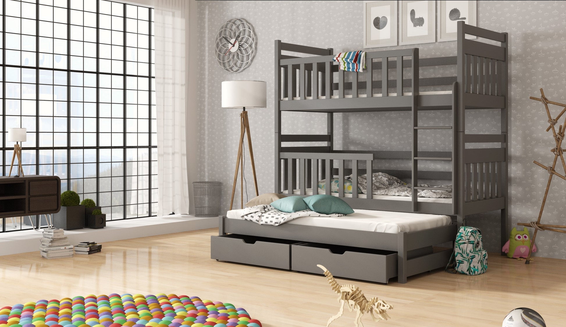 Wooden Bunk Bed Klara with Trundle and Storage Graphite Bunk Bed 