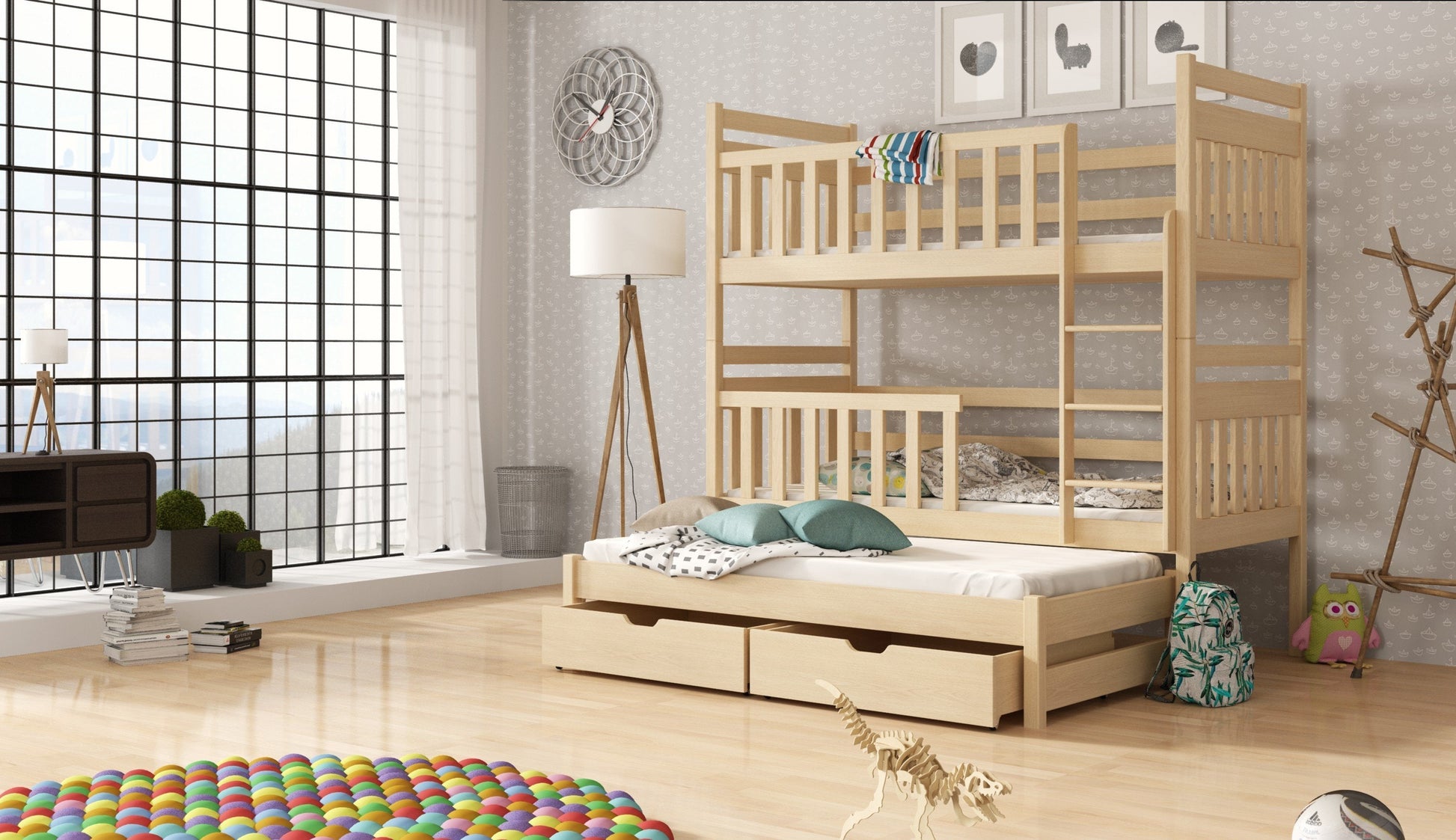 Wooden Bunk Bed Klara with Trundle and Storage Pine Bunk Bed 