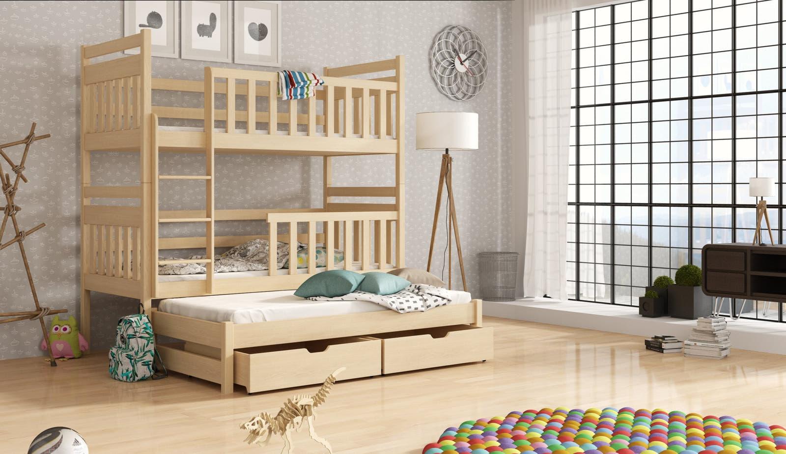 Solid Pine Bunk Bed with Trundle & Storage – Single 3ft | Triple Sleeper Kids Bed with Full Guard Rails Pine