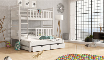 Single (3ft) Solid Pine Bunk Bed with Trundle & Storage White Matt
