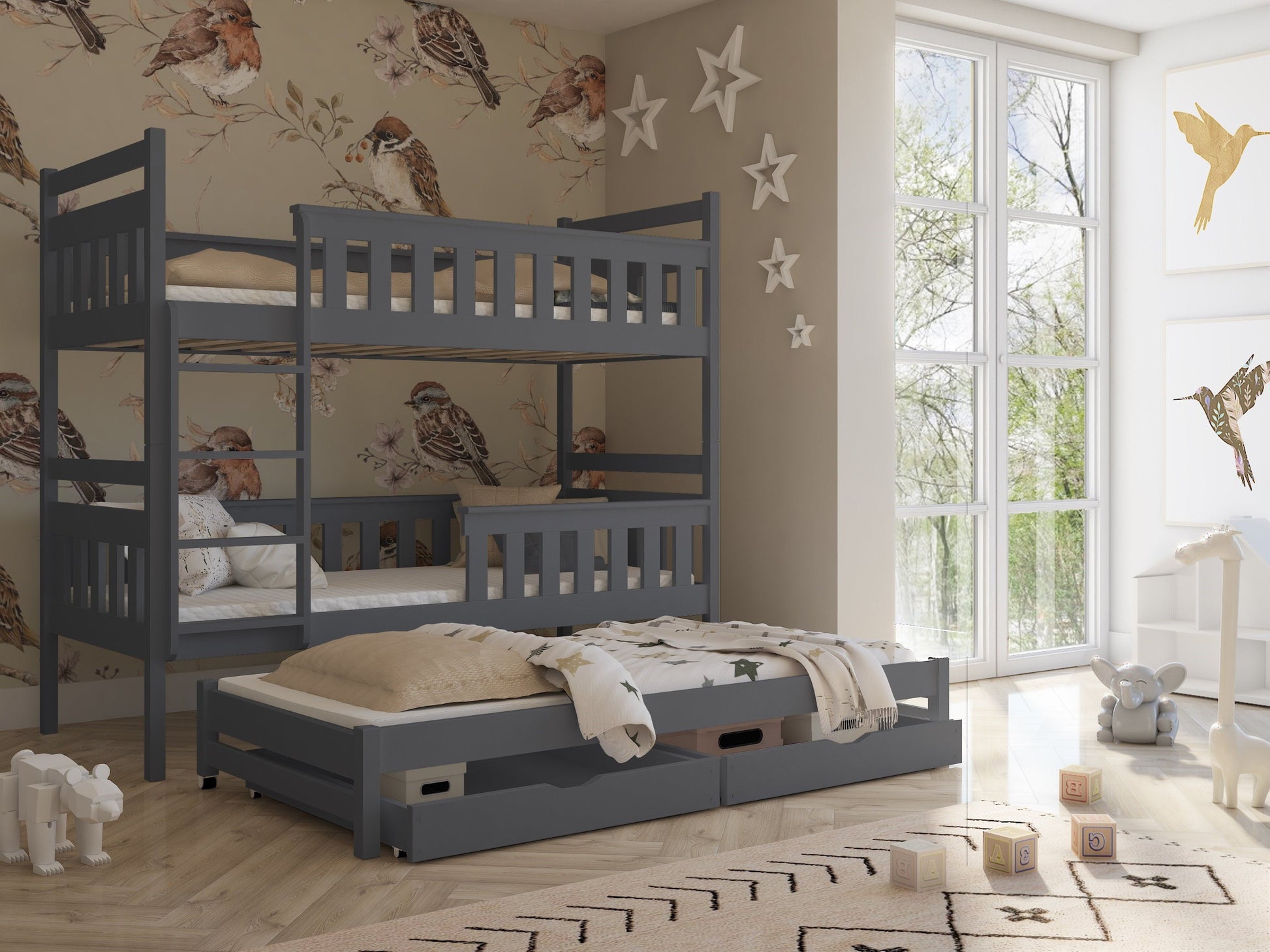 Wooden Bunk Bed Kors with Trundle and Storage Graphite Bunk Bed 
