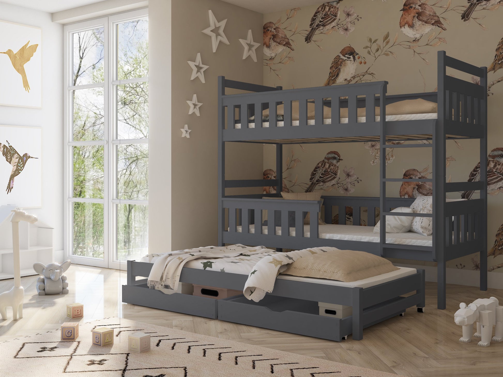 Wooden Bunk Bed Kors with Trundle and Storage Graphite Bunk Bed 
