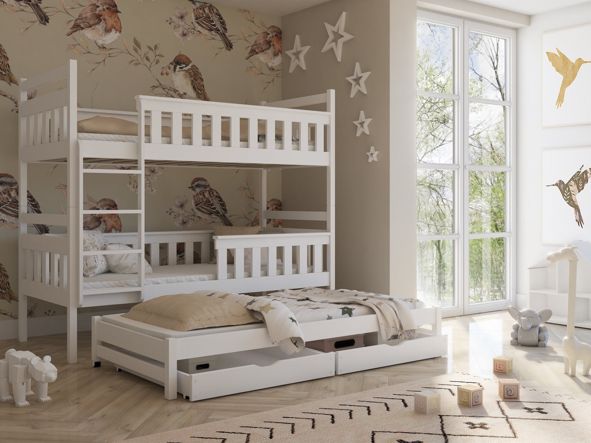 Wooden Bunk Bed Kors with Trundle and Storage White Matt Bunk Bed 