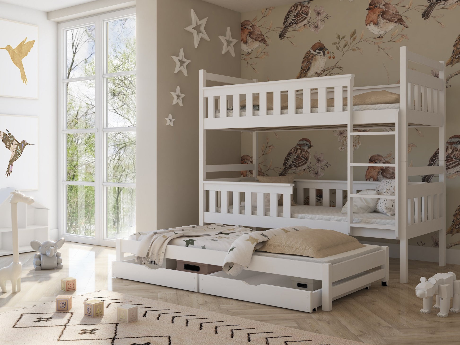 Wooden Bunk Bed Kors with Trundle and Storage White Matt Bunk Bed 