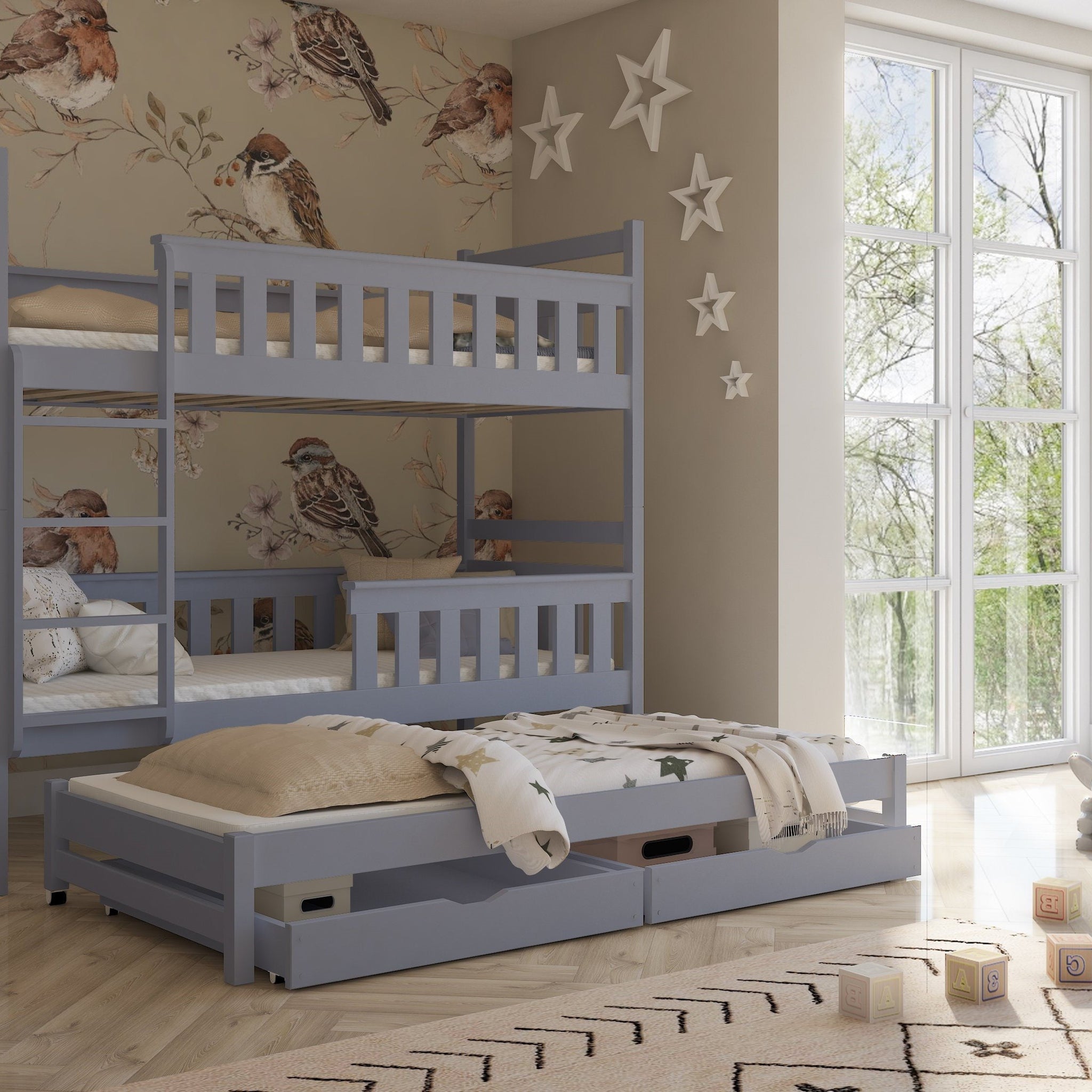 Wooden Bunk Bed Kors with Trundle and Storage Grey Matt Bunk Bed 