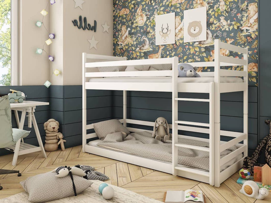Solid Pine Wooden Bunk Bed – Single 3ft Low Profile | Kids Mid Sleeper with Safety Guards White Foam Mattresses