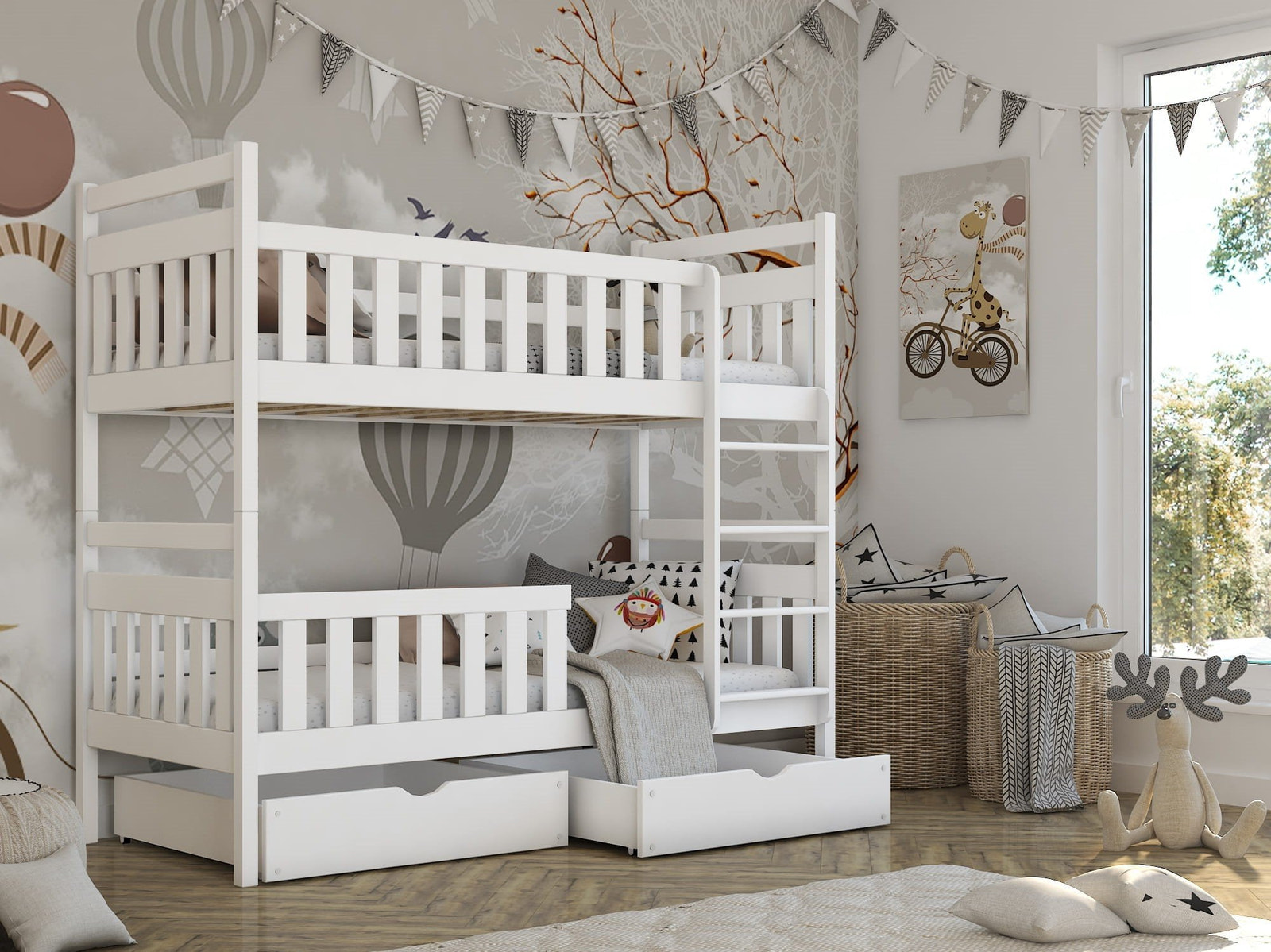 Single (3ft) Solid Pine Bunk Bed with Storage Drawers White Matt