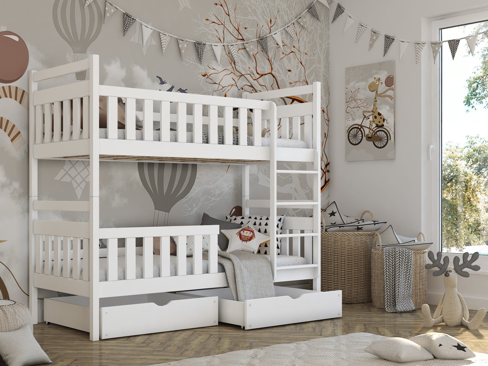 Single (3ft) Solid Pine Bunk Bed with Storage Drawers White Matt